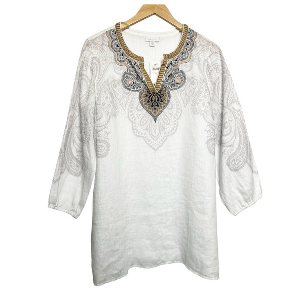 J. Jill Tops - NWT J.Jill Love Linen White Tunic Paisley Trim Beading resort Medium